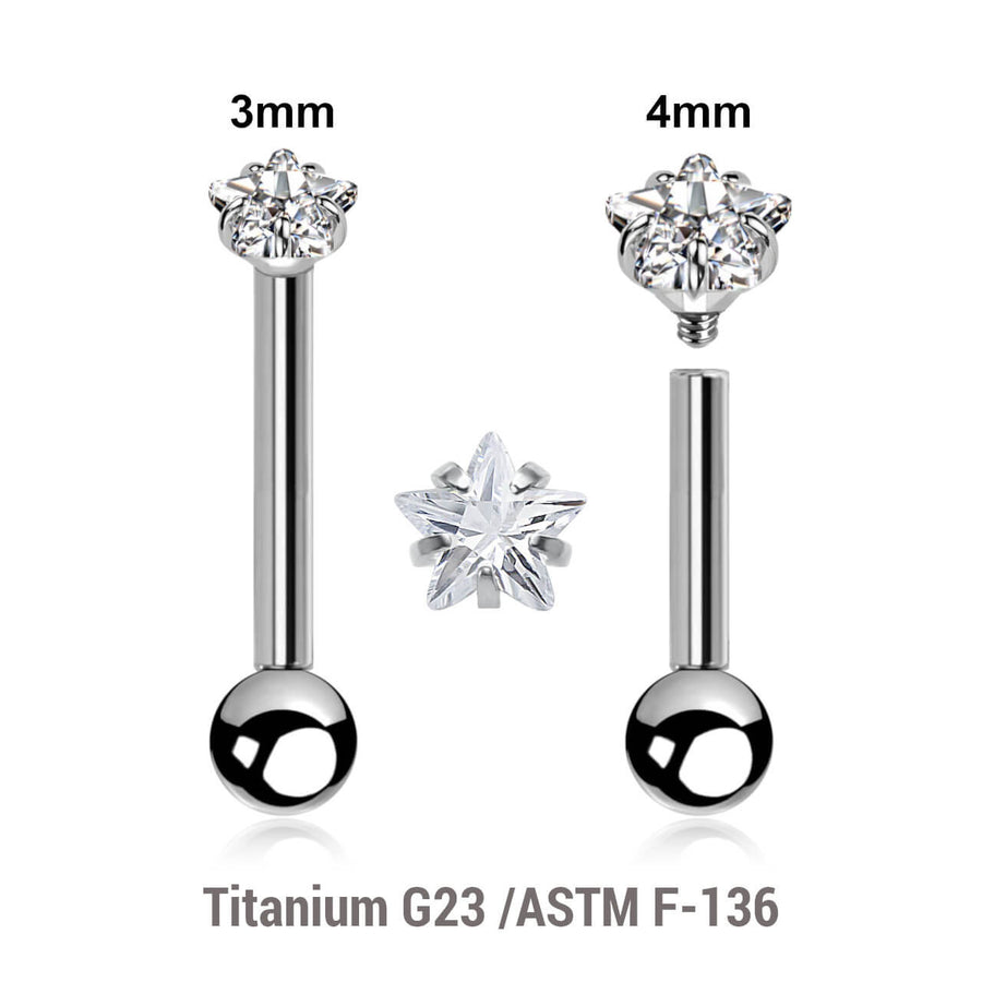 Pack of 5 high polished titanium internally threaded tragus barbells, Thickness 1.2mm, with top prong set star shaped CZ stone and a lower 3mm plain ball