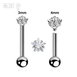 Pack of 5 high polished titanium internally threaded tragus barbells, Thickness 1.2mm, with top prong set star shaped CZ stone and a lower 3mm plain ball - G23 ASTM F-136 implant grade titanium body jewelry