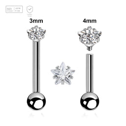 Pack of 5 high polished titanium internally threaded tragus barbells, Thickness 1.2mm, with top prong set star shaped CZ stone and a lower 3mm plain ball - G23 ASTM F-136 implant grade titanium body jewelry