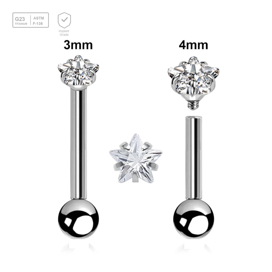 Pack of 5 high polished titanium internally threaded tragus barbells, Thickness 1.2mm, with top prong set star shaped CZ stone and a lower 3mm plain ball - G23 ASTM F-136 implant grade titanium body jewelry