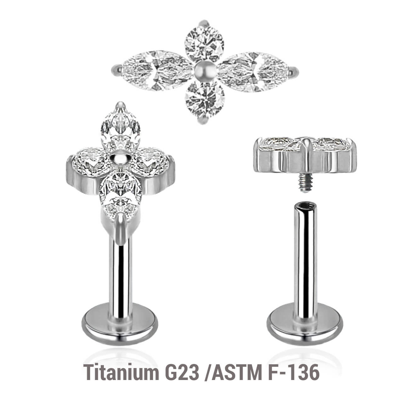 Pack of 5 high polished titanium internally threaded labrets, Thickness 1.2mm, with a top with 2 round and 2 marquis prong set CZ stones