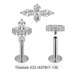 Pack of 5 high polished titanium internally threaded labrets, Thickness 1.2mm, with a top with 2 round and 2 marquis prong set CZ stones