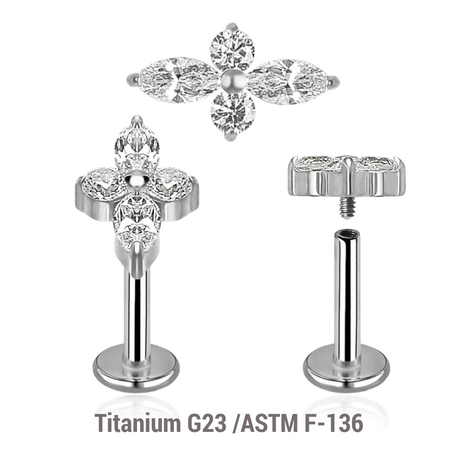 Pack of 5 high polished titanium internally threaded labrets, Thickness 1.2mm, with a top with 2 round and 2 marquis prong set CZ stones