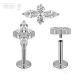 Pack of 5 high polished titanium internally threaded labrets, Thickness 1.2mm, with a top with 2 round and 2 marquis prong set CZ stones - G23 ASTM F-136 implant grade titanium body jewelry