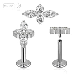 Pack of 5 high polished titanium internally threaded labrets, Thickness 1.2mm, with a top with 2 round and 2 marquis prong set CZ stones - G23 ASTM F-136 implant grade titanium body jewelry