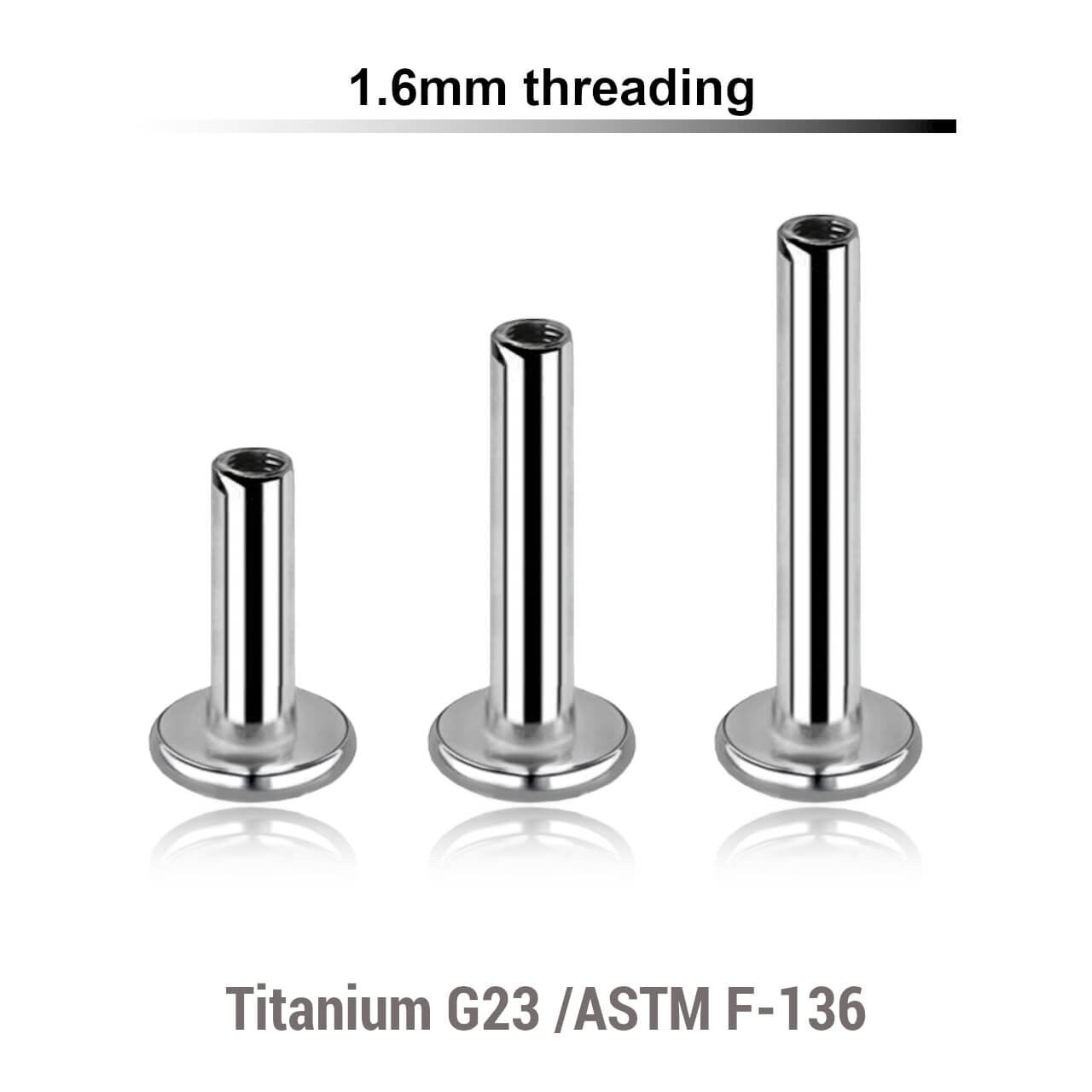 Pack of 10 internally threaded labret posts with 4mm base plate in high polished titanium, thickness 1.6mm