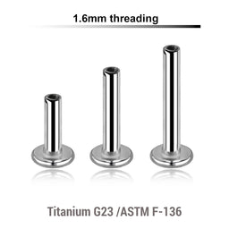 Pack of 10 internally threaded labret posts with 4mm base plate in high polished titanium, thickness 1.6mm