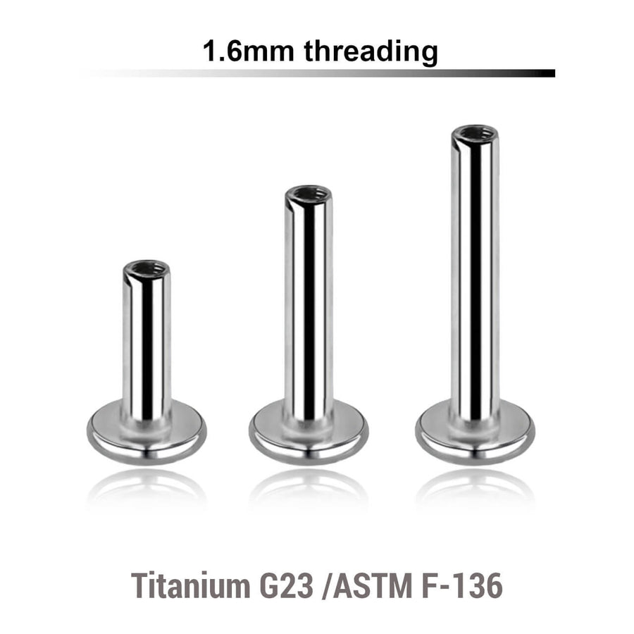 Pack of 10 internally threaded labret posts with 4mm base plate in high polished titanium, thickness 1.6mm