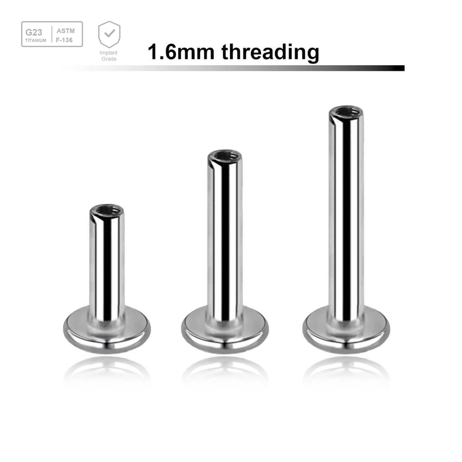 Pack of 10 internally threaded labret posts with 4mm base plate in high polished titanium, thickness 1.6mm - G23 ASTM F-136 implant grade titanium body jewelry
