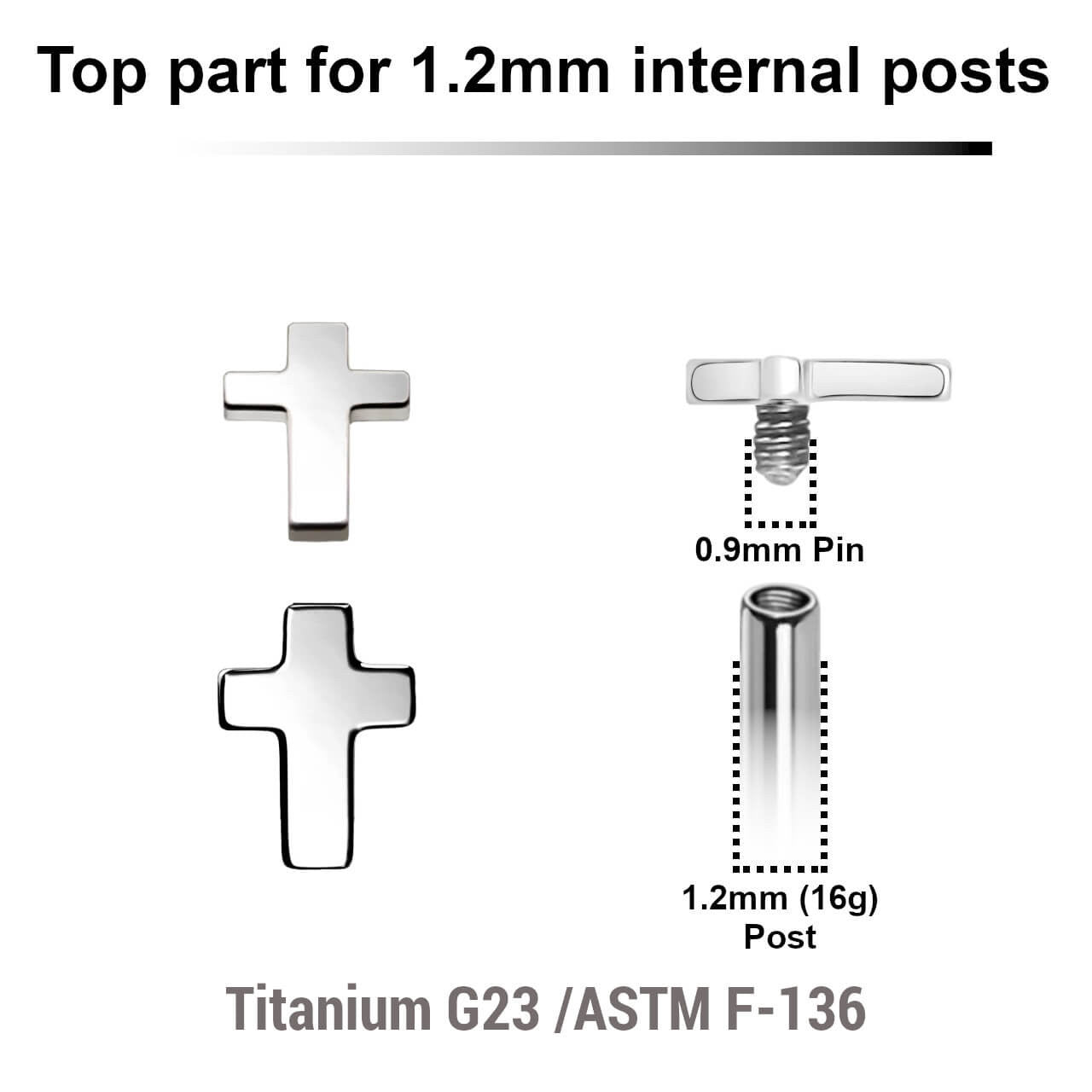 Pack of 5 Titanium Internally threaded labret top in a 3x4mm flat cross shape, Thread size 0.9mm