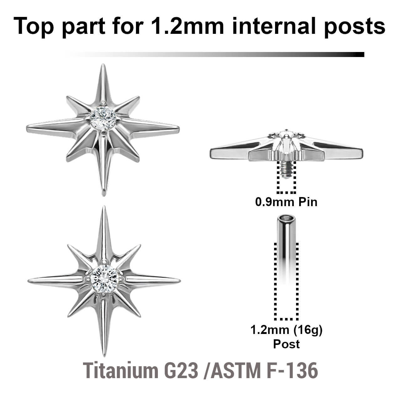 Pack of 5 high polished titanium Internally threaded labret tops with a starburst top with a single prong set CZ stone