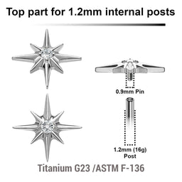 Pack of 5 high polished titanium Internally threaded labret tops with a starburst top with a single prong set CZ stone