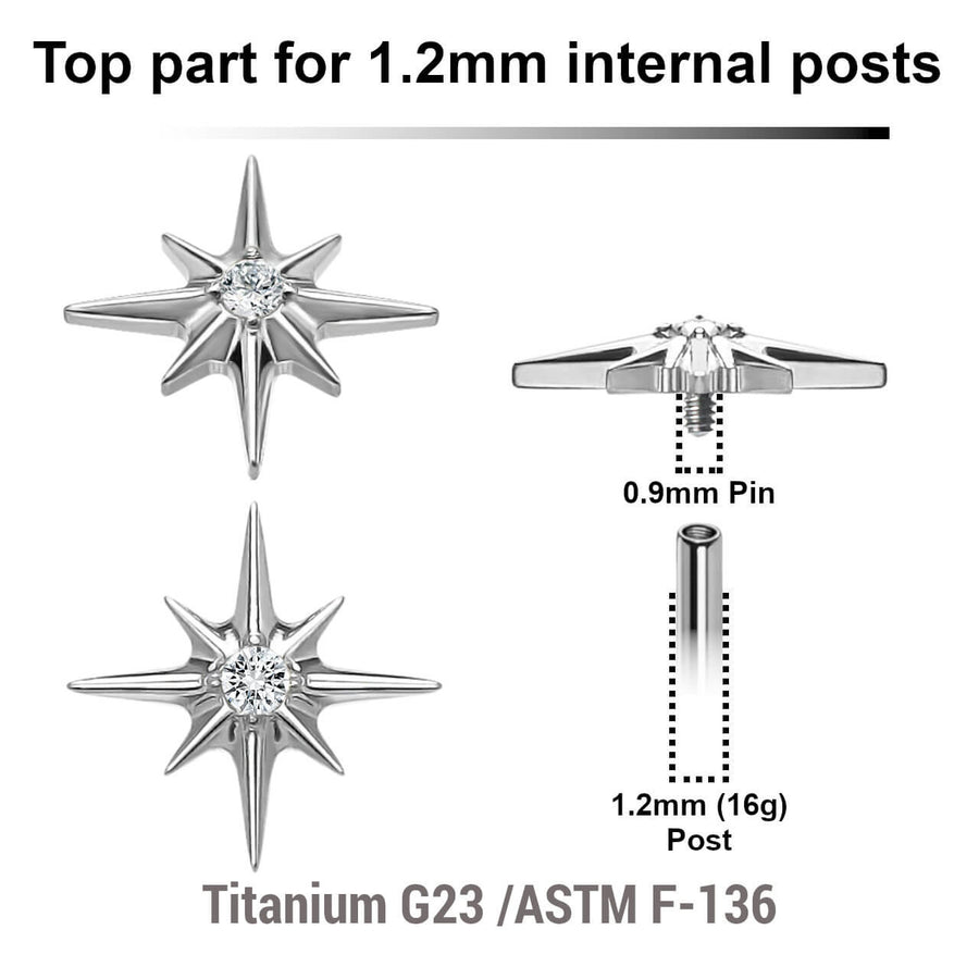 Pack of 5 high polished titanium Internally threaded labret tops with a starburst top with a single prong set CZ stone
