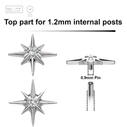 Pack of 5 high polished titanium Internally threaded labret tops with a starburst top with a single prong set CZ stone - G23 ASTM F-136 implant grade titanium body jewelry