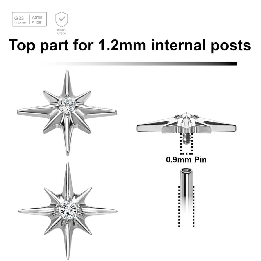 Pack of 5 high polished titanium Internally threaded labret tops with a starburst top with a single prong set CZ stone - G23 ASTM F-136 implant grade titanium body jewelry