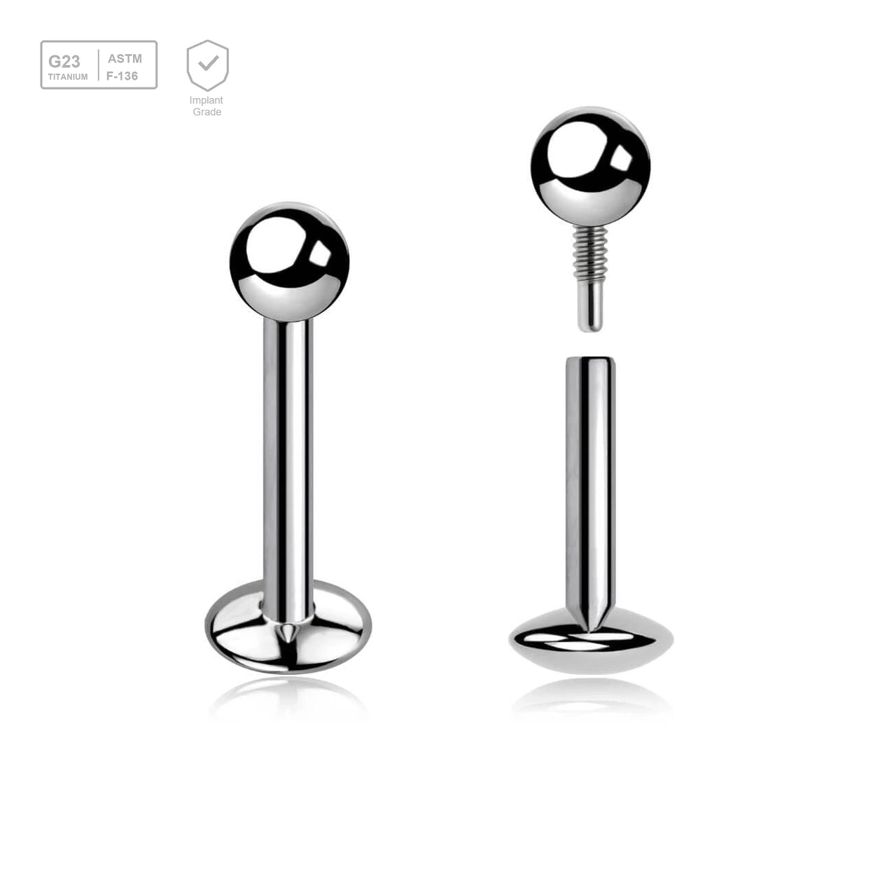 Pack of 10 high polished titanium internally threaded labrets with convex base plate, Thickness 1.2mm, ball size 3mm - G23 ASTM F-136 implant grade titanium body jewelry