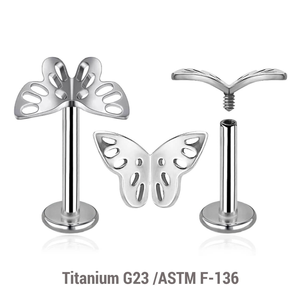 Pack of 5 high polished titanium internally threaded labrets, Thickness 1.2mm, with a filigree butterfly top