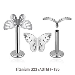 Pack of 5 high polished titanium internally threaded labrets, Thickness 1.2mm, with a filigree butterfly top