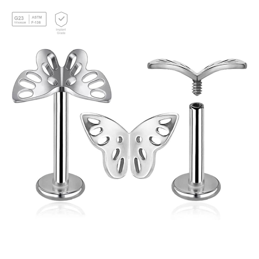 Pack of 5 high polished titanium internally threaded labrets, Thickness 1.2mm, with a filigree butterfly top - G23 ASTM F-136 implant grade titanium body jewelry