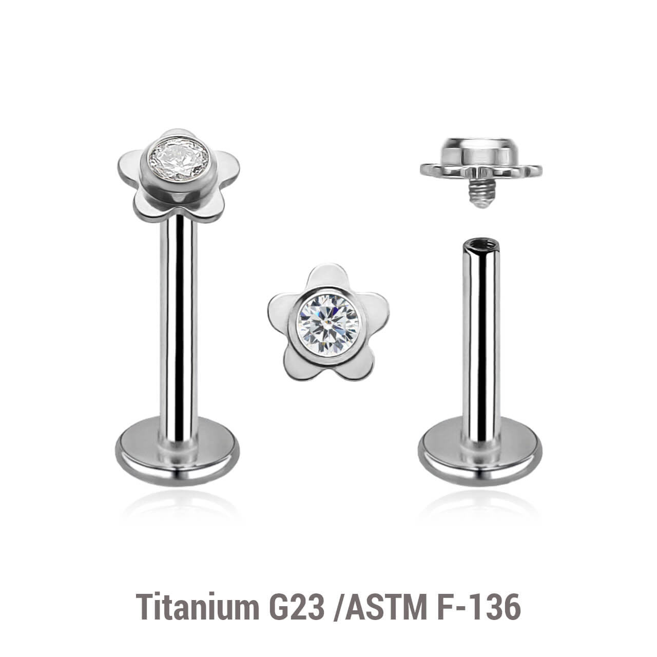 Pack of 5 high polished titanium internally threaded labrets, Thickness 1.2mm, with a top in a flat flower shape with a single bezel set central crystal