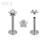 Pack of 5 high polished titanium internally threaded labrets, Thickness 1.2mm, with a top in a flat flower shape with a single bezel set central crystal - G23 ASTM F-136 implant grade titanium body jewelry