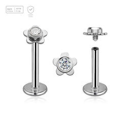 Pack of 5 high polished titanium internally threaded labrets, Thickness 1.2mm, with a top in a flat flower shape with a single bezel set central crystal - G23 ASTM F-136 implant grade titanium body jewelry