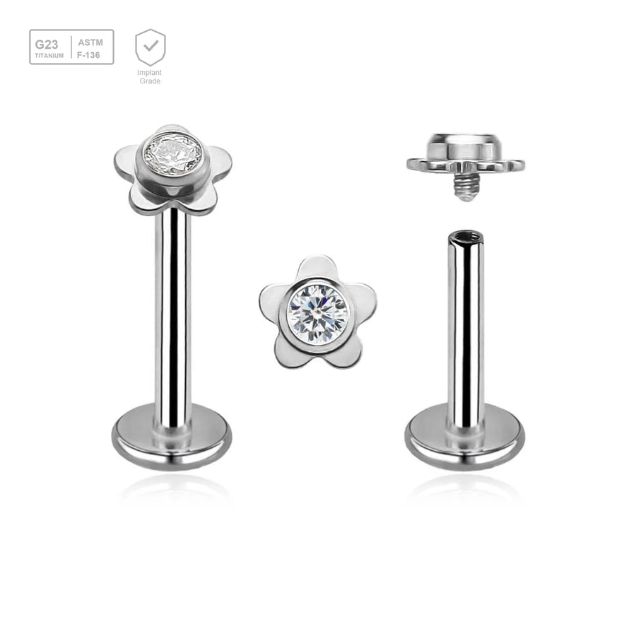 Pack of 5 high polished titanium internally threaded labrets, Thickness 1.2mm, with a top in a flat flower shape with a single bezel set central crystal - G23 ASTM F-136 implant grade titanium body jewelry