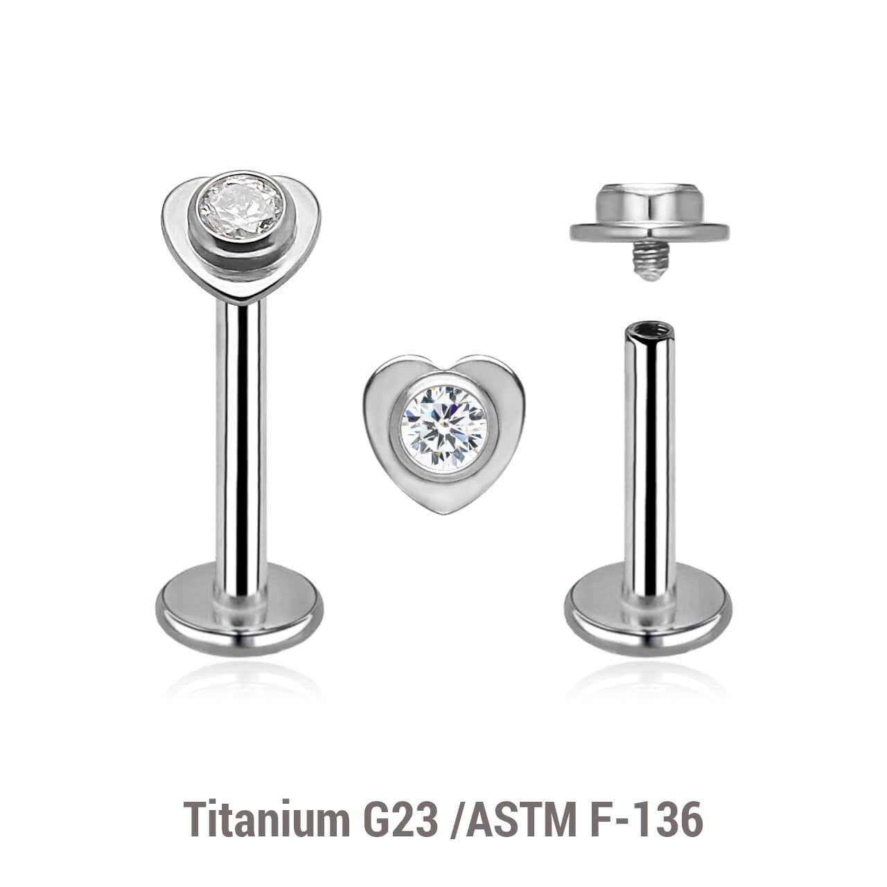 Pack of 5 high polished titanium internally threaded labrets, Thickness 1.2mm, with a top in a flat heart shape with a single bezel set central crystal