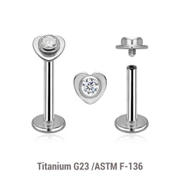 Pack of 5 high polished titanium internally threaded labrets, Thickness 1.2mm, with a top in a flat heart shape with a single bezel set central crystal