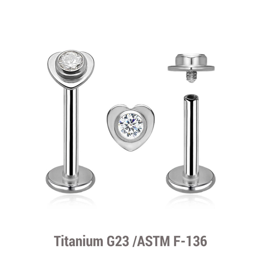 Pack of 5 high polished titanium internally threaded labrets, Thickness 1.2mm, with a top in a flat heart shape with a single bezel set central crystal