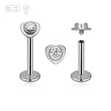 Pack of 5 high polished titanium internally threaded labrets, Thickness 1.2mm, with a top in a flat heart shape with a single bezel set central crystal - G23 ASTM F-136 implant grade titanium body jewelry