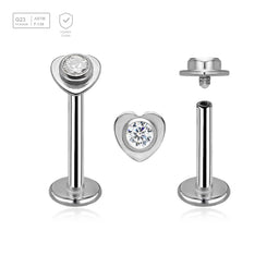 Pack of 5 high polished titanium internally threaded labrets, Thickness 1.2mm, with a top in a flat heart shape with a single bezel set central crystal - G23 ASTM F-136 implant grade titanium body jewelry