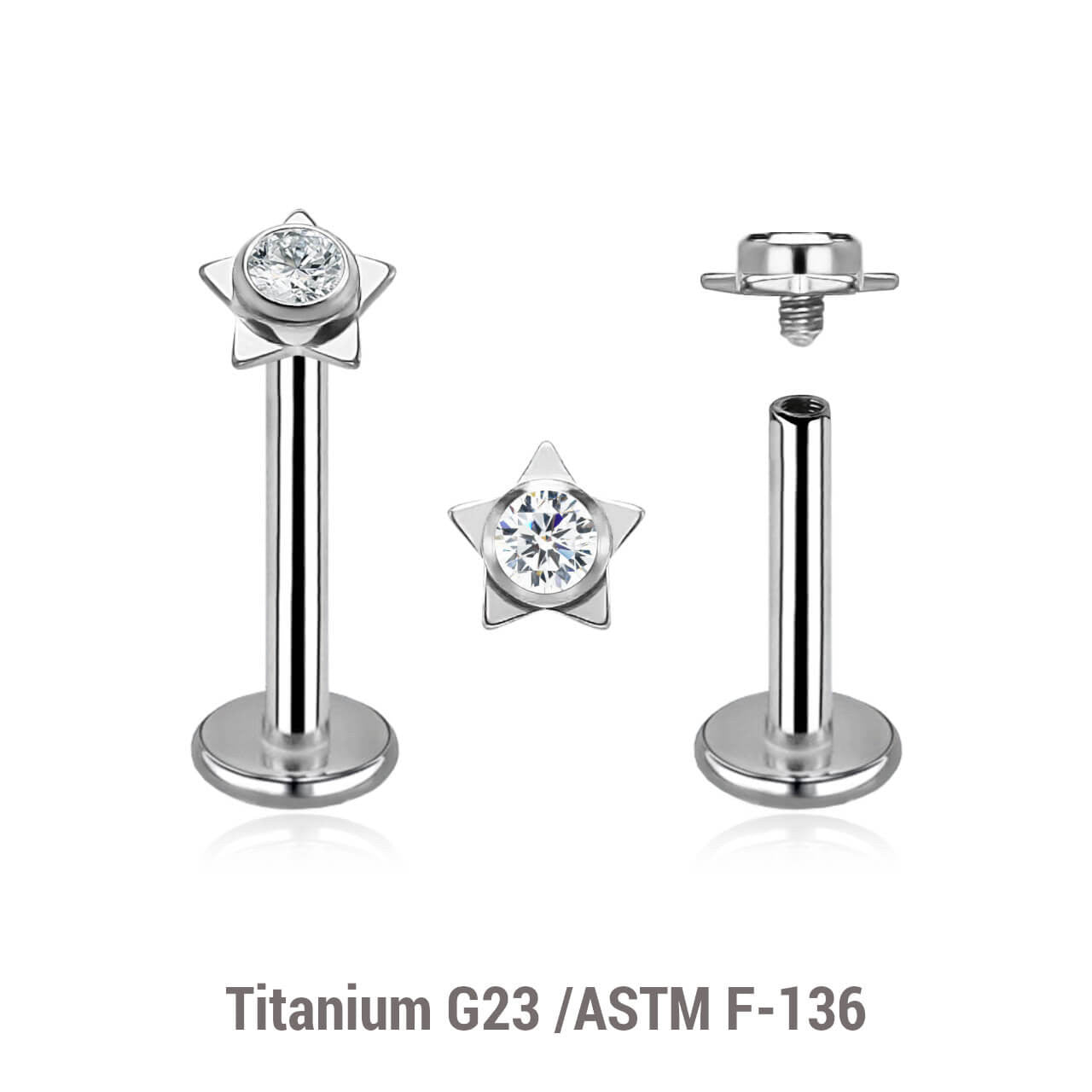 Pack of 5 high polished titanium internally threaded labrets, Thickness 1.2mm, with a top in a flat star shape with a single bezel set central crystal
