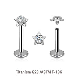 Pack of 5 high polished titanium internally threaded labrets, Thickness 1.2mm, with a top in a flat star shape with a single bezel set central crystal