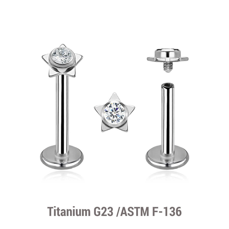 Pack of 5 high polished titanium internally threaded labrets, Thickness 1.2mm, with a top in a flat star shape with a single bezel set central crystal