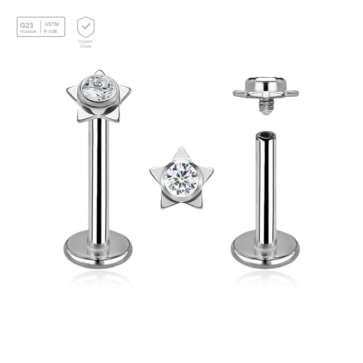 Pack of 5 high polished titanium internally threaded labrets, Thickness 1.2mm, with a top in a flat star shape with a single bezel set central crystal - G23 ASTM F-136 implant grade titanium body jewelry