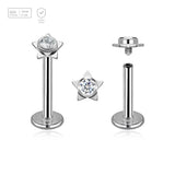 Pack of 5 high polished titanium internally threaded labrets, Thickness 1.2mm, with a top in a flat star shape with a single bezel set central crystal - G23 ASTM F-136 implant grade titanium body jewelry