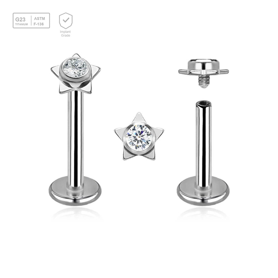 Pack of 5 high polished titanium internally threaded labrets, Thickness 1.2mm, with a top in a flat star shape with a single bezel set central crystal - G23 ASTM F-136 implant grade titanium body jewelry