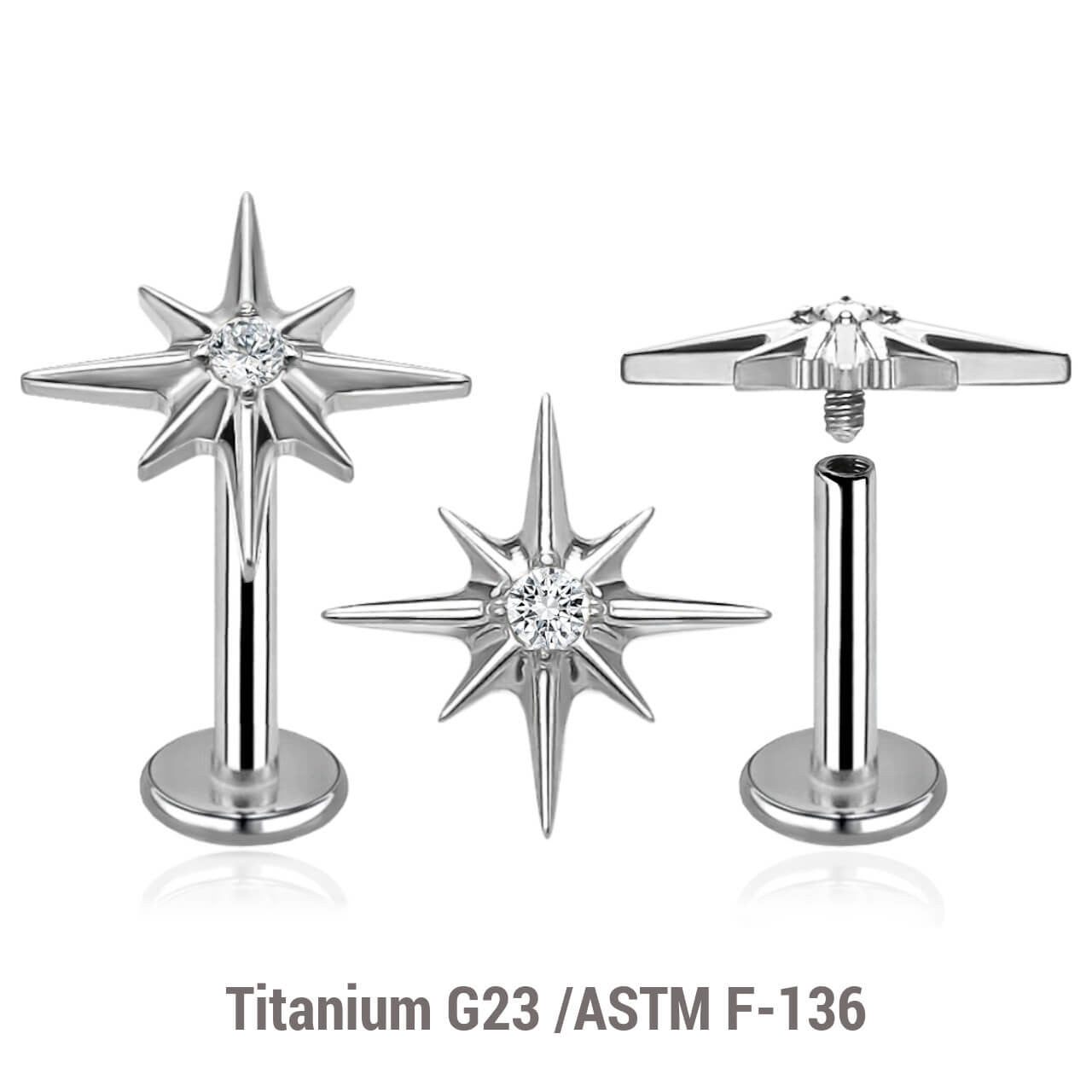 Pack of 5 high polished titanium internally threaded labrets, Thickness 1.2mm, with a starburst top with a single prong set CZ stone