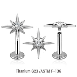 Pack of 5 high polished titanium internally threaded labrets, Thickness 1.2mm, with a starburst top with a single prong set CZ stone