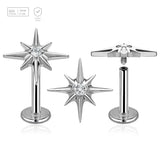 Pack of 5 high polished titanium internally threaded labrets, Thickness 1.2mm, with a starburst top with a single prong set CZ stone - G23 ASTM F-136 implant grade titanium body jewelry