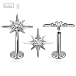 Pack of 5 high polished titanium internally threaded labrets, Thickness 1.2mm, with a starburst top with a single prong set CZ stone - G23 ASTM F-136 implant grade titanium body jewelry
