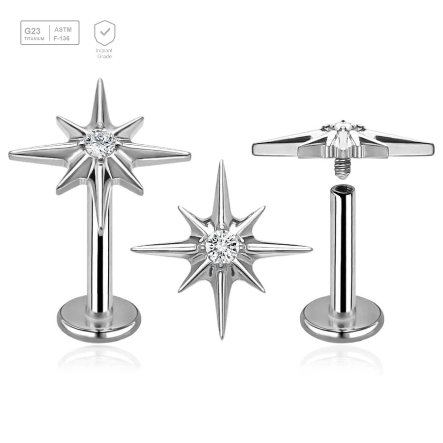 Pack of 5 high polished titanium internally threaded labrets, Thickness 1.2mm, with a starburst top with a single prong set CZ stone - G23 ASTM F-136 implant grade titanium body jewelry