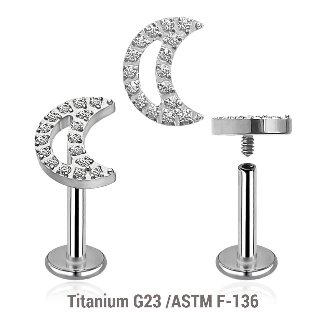 Pack of 5 high polished titanium internally threaded labrets, Thickness 1.2mm, with a CZ studded moon top