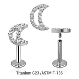 Pack of 5 high polished titanium internally threaded labrets, Thickness 1.2mm, with a CZ studded moon top