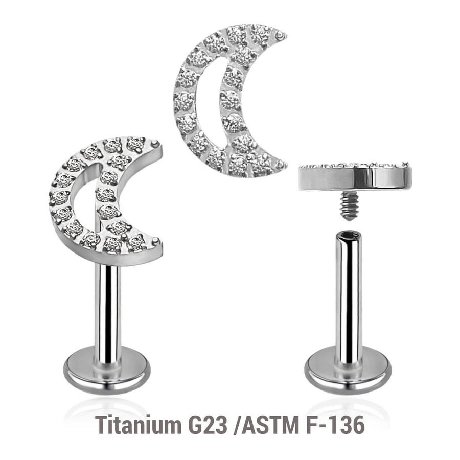 Pack of 5 high polished titanium internally threaded labrets, Thickness 1.2mm, with a CZ studded moon top