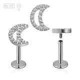 Pack of 5 high polished titanium internally threaded labrets, Thickness 1.2mm, with a CZ studded moon top - G23 ASTM F-136 implant grade titanium body jewelry