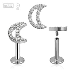 Pack of 5 high polished titanium internally threaded labrets, Thickness 1.2mm, with a CZ studded moon top - G23 ASTM F-136 implant grade titanium body jewelry