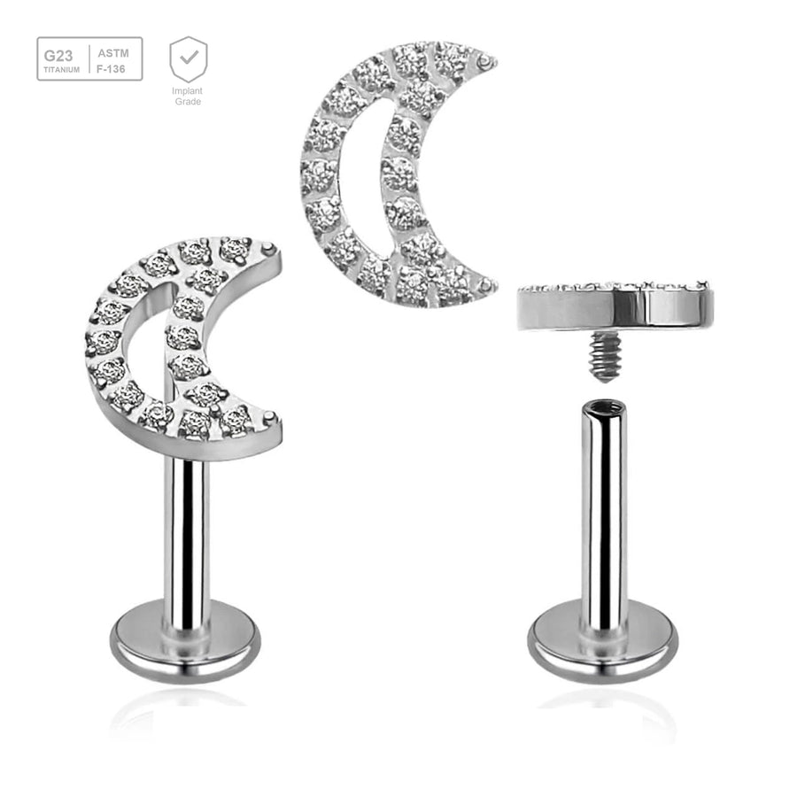 Pack of 5 high polished titanium internally threaded labrets, Thickness 1.2mm, with a CZ studded moon top - G23 ASTM F-136 implant grade titanium body jewelry