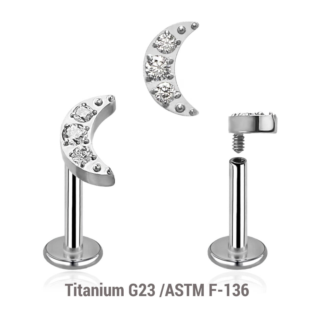Pack of 5 high polished titanium internally threaded labrets, Thickness 1.2mm, with a small moon top with 3 CZ